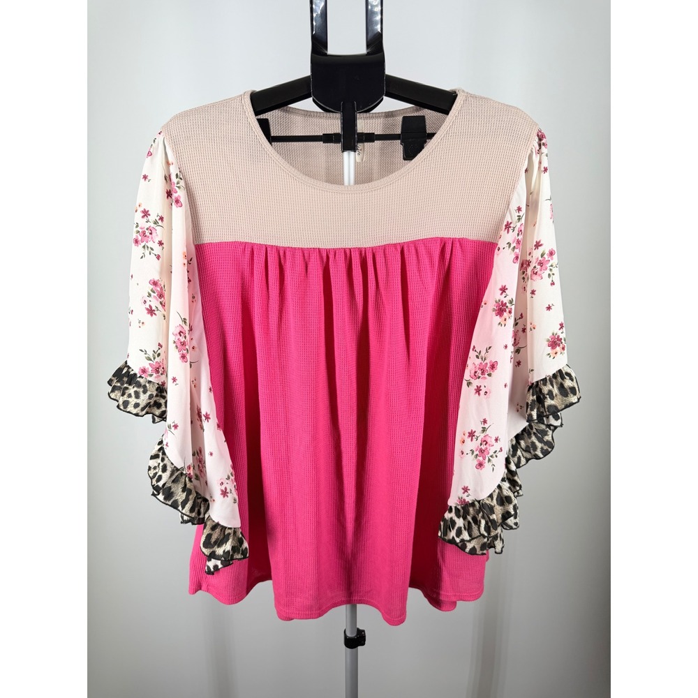 Celeste Mixed Media Waffle Knit Top Pink Floral Leopard Ruffle Sleeve M